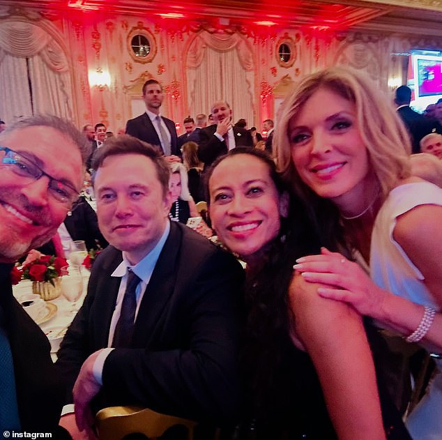 The photos showed her celebrating her ex-husband's victory. She is pictured here with Elon (second from left) and Mikki Willis (left)