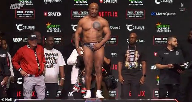 Tyson was spotted grabbing his crotch as he weighed in at the Toyota Music Factory