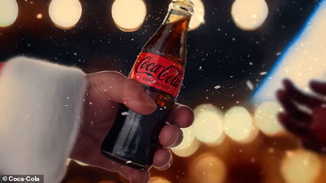 At one point in the ad, Santa Claus hands a bottle of Coca-Cola to a cheering onlooker