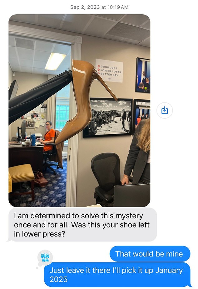 The image shared via text shows a light brown stiletto held up in the air by what appears to be the tip of an umbrella