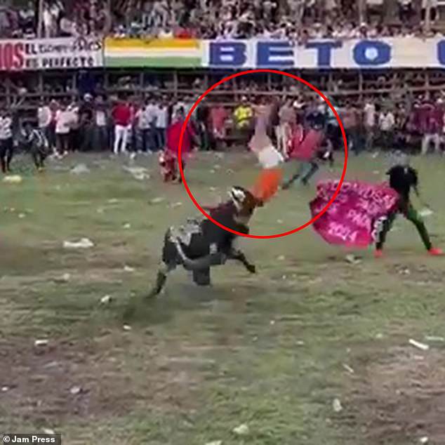 The man was hit hard by the bull's head after it tried to throw him away