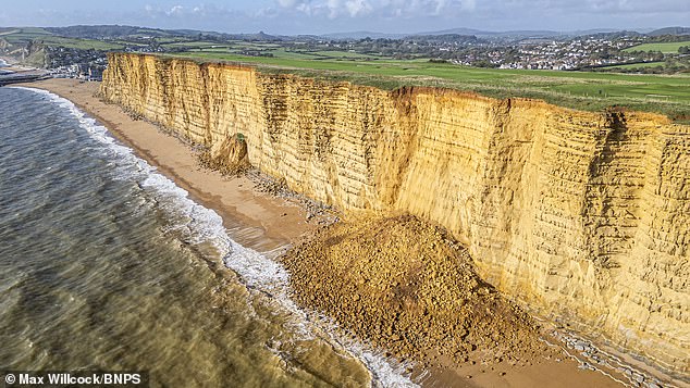 The 180-million-year-old cliff is prone to rockfall, with hundreds of tonnes of rock falling onto West Bay beach