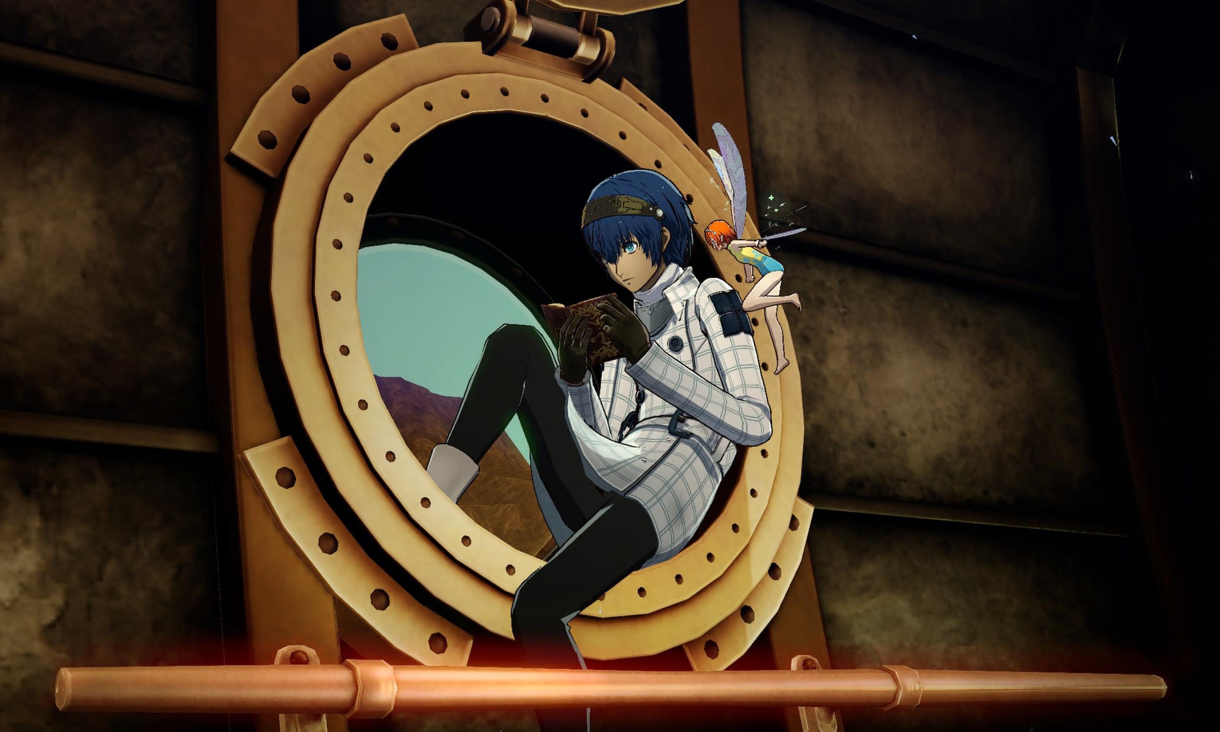 The main character from Metaphor: ReFantazio sits in a porthole reading a book with his fairytale companion