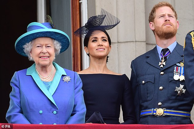 The Duke and Duchess of Sussex with Queen Elizabeth II at Buckingham Palace in July 2018