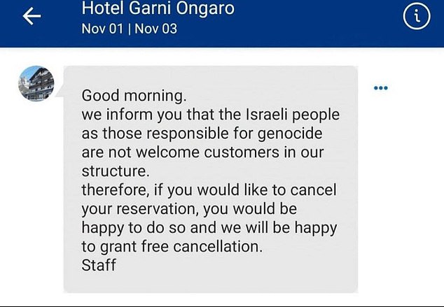 The Jewish couple, whose identities are not yet known, leaked a screenshot of the message they received from the hotel