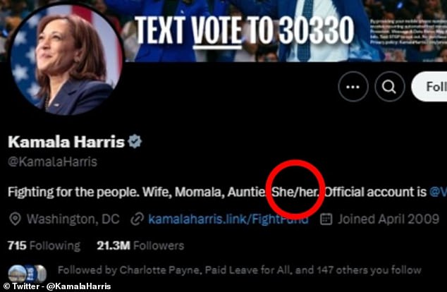 Kamala Harris displays the pronouns 'she/her' prominently on her profile on