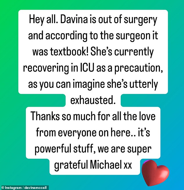 Michael shared a health update after her surgery, saying the surgery was 