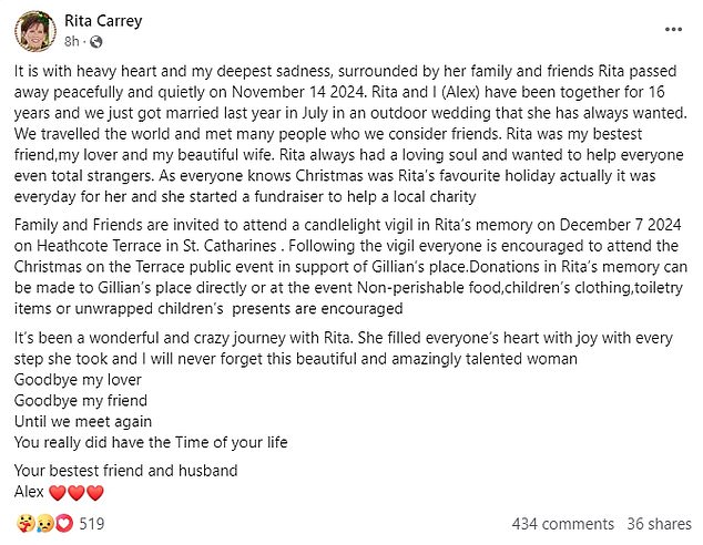 The message from her partner Alex read: 'It is with a heavy heart and my deepest sorrow, surrounded by her family and friends, Rita passed away peacefully and tranquilly on November 14, 2024'