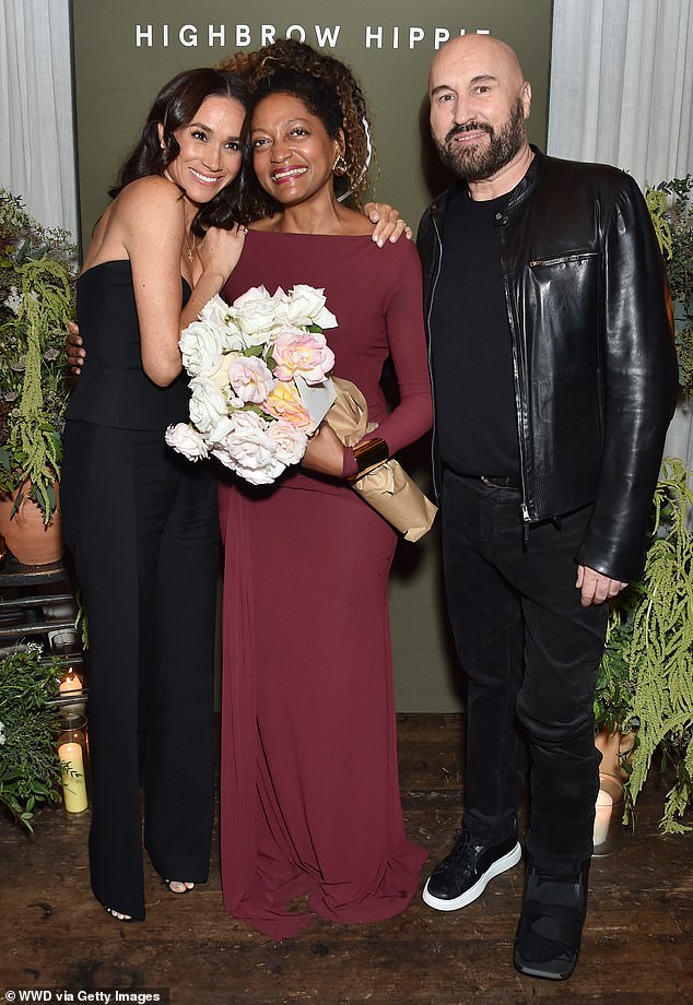 The Duchess of Sussex (pictured left), 43, put on a glamorous show in a sleeveless black top and wide-leg trousers as she supported her friend and A-lister hairdresser Kadi Lee (pictured centre) in Venice, California. Right in the photo: famous hairstylist Serge Normant