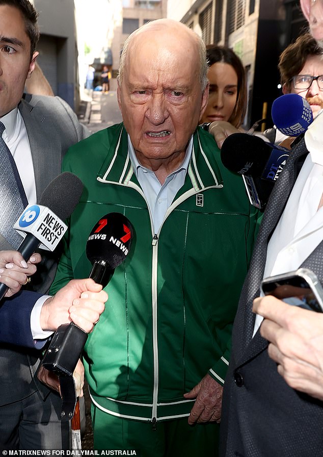 Former talkback radio king Alan Jones (pictured in green tracksuit) was charged with 24 crimes against eight male alleged victims, including a former Olympian and a 17-year-old boy