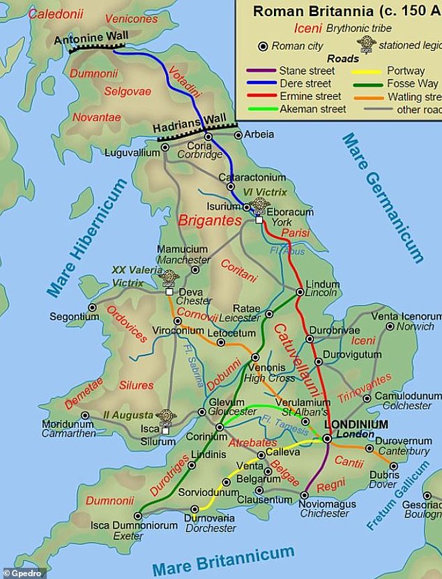 The Roman army created highways during the four centuries that Britain was under the rule of the Roman Empire. It is believed that the military built 2,000 miles (3,200 kilometers) of paved roads in Britain between 43 and 410 AD (map shown)