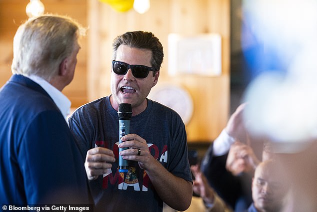 Donald Trump doubles down on his support for Matt Gaetz (left) as attorney general – over Gaetz with Trump at the 2023 Iowa State Fair