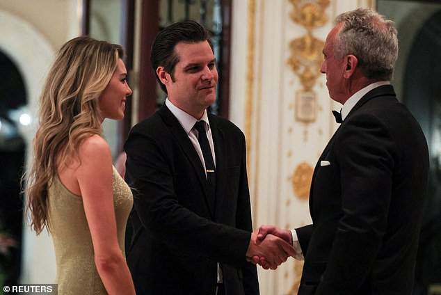 Gaetz (pictured with his wife Ginger and Robert F. Kennedy Jr. at Mar-a-Lago last week) has strongly denied the allegations that have cast a shadow over the nomination process to become the top law enforcement official in the United States.