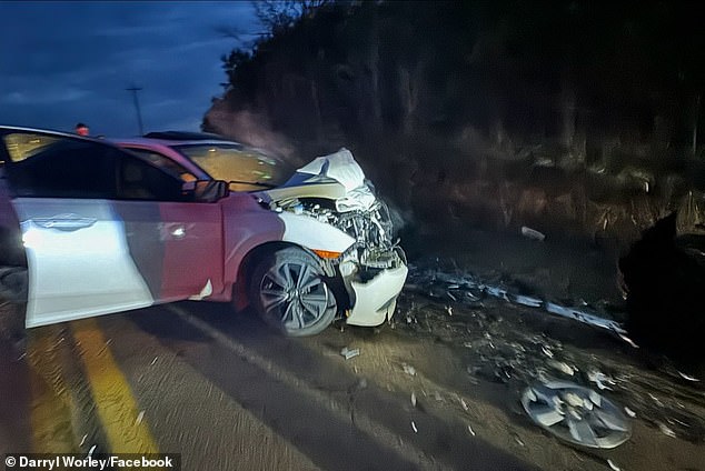 The two cars involved in the accident were so badly damaged that both the hood and bumpers were completely crumpled