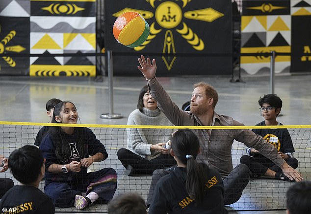 Prince Harry appeared in his element as he took part in a sitting volleyball adaptive sports lesson with Shaughnessy Elementary School students at an event to launch the Invictus Games school program in Vancouver