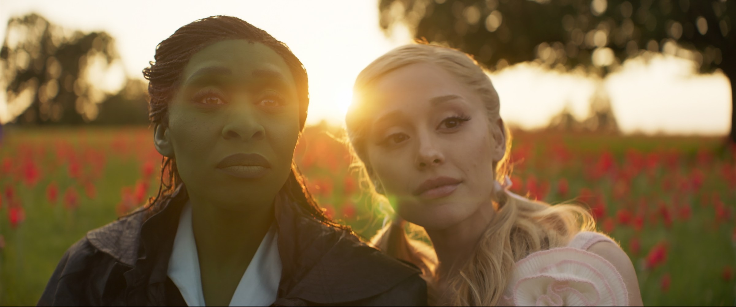 Elphaba and Glinda embrace in front of a field of poppies as golden sunlight streams around them in Wicked