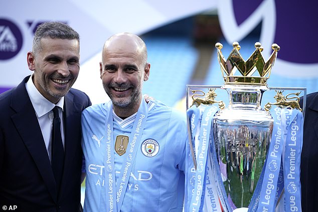 Guardiola (pictured with chairman Khaldoon Al Mubarak) has won six Premier League titles