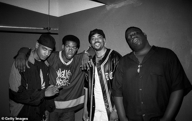 Saafir (L) was with Xzibit in the rap group Golden State Project (formerly Golden State Warriors); pictured in 1994 with (L-R) Craig Mack, The DOC and the Notorious BIG in Chicago