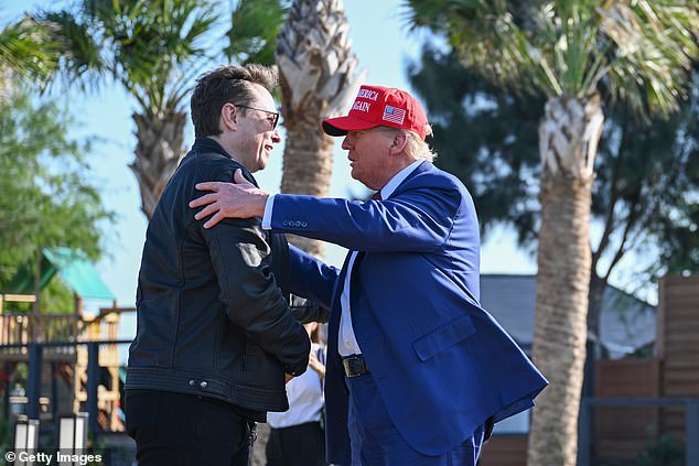 President-elect Donald Trump greets Elon Musk as he arrives to attend a viewing of the launch of the sixth test flight of the SpaceX Starship rocket on November 19, 2024 in Brownsville, Texas. SpaceX's billionaire owner Elon Musk, a Trump confidante, has been tapped to lead the new Department of Government Efficiency alongside former presidential candidate Vivek Ramaswamy