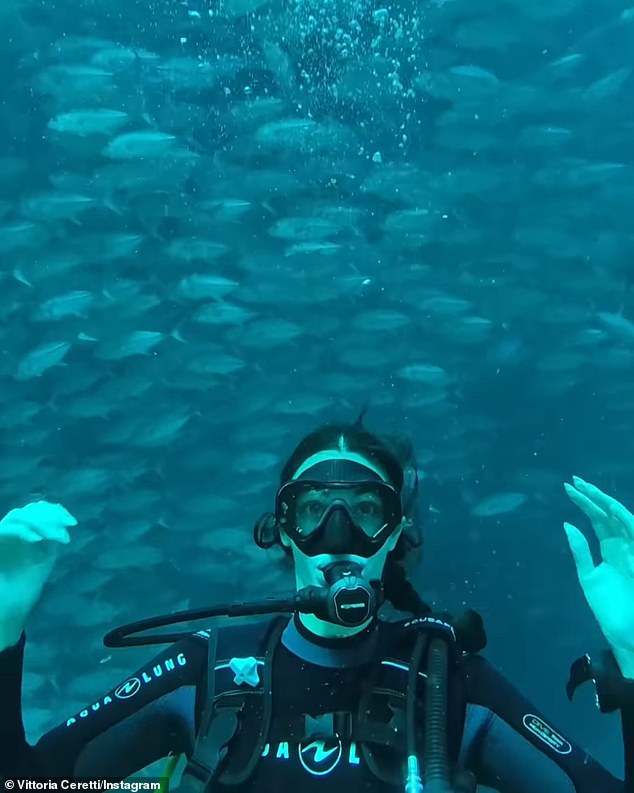 Vittoria - who has 1.8 million Instagram followers - showed off her impressive diving skills in a video of herself surrounded by fish