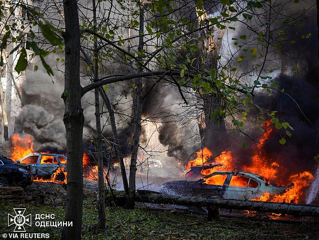 Cars burned and buildings were destroyed when a residential area was hit by a Russian missile attack in Odesa, Ukraine, on Monday.