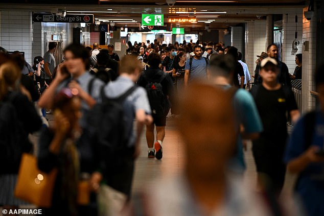 Commuters are urged to find alternative transport where possible and allow for additional travel time (pictured, commuters at Sydney's Town Hall station)