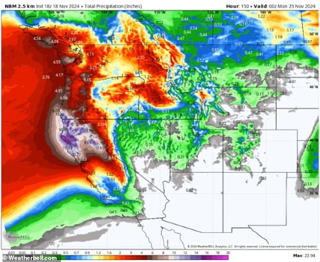 The combined force of the bomb cyclone and the atmospheric river will drop heavy rainfall over the western states, with weekly totals of up to 20 inches possible in northwestern California.