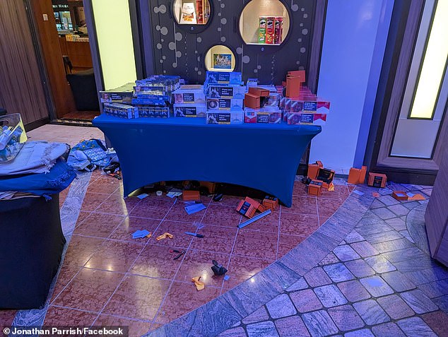 Several store displays fell over because the angle of the ship was so large