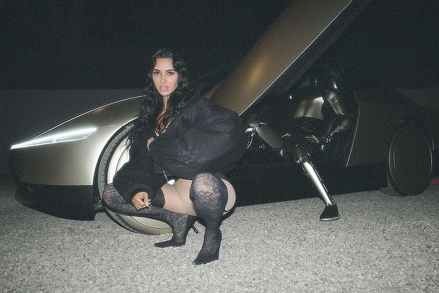 She crouched down next to the expensive vehicle with her sexy appearance, while the robot relaxed in the driver's seat with one foot on Kim's driveway.