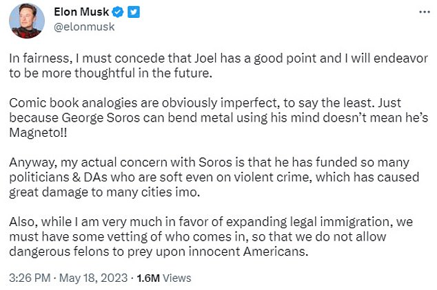 Musk previously faced accusations of anti-Semitism after pitting George Soros against X-Men supervillain Magneto - a character who manipulates the world and believes mutants should be in charge, instead of humans