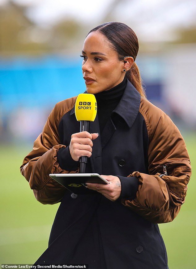 It was a bold departure from her typical look, with fans used to seeing Alex warm and with her natural brunette locks wrapped up as she commented on matches (pictured last month)