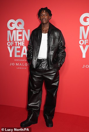 Kobbie Mainoo wore a black Bottega Veneta jacket and pants with a white T-shirt at Tuesday's event