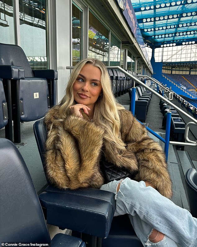 Grace's most recent photo was captioned: 'Fur season' and included two photos of Grace posing at Stamford Bridge (pictured above)