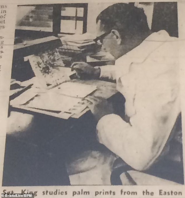 Police suspected that the killer broke into her home between 11:30 PM and 4:00 AM and found a handprint near the open window. Pictured: A police sergeant examines palm prints