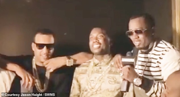 French Montana, Meek Mill and Diddy all smile as Diddy gives a speech to the partygoers to kick off Mill's 27th birthday party