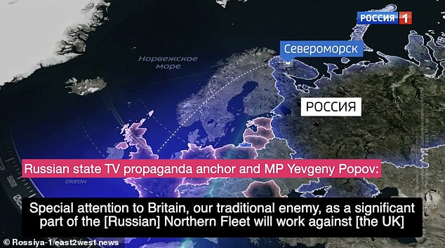 MP and TV presenter Yevgeny Popov warned: 'Special attention to Britain, our traditional enemy, as a significant part of the (Russian) Northern Fleet will work against (the UK)'