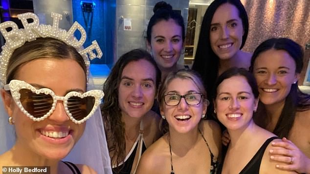 Only after she reminded the GP on her fourth visit in August that a scan in 2020 showed she had an enlarged thymus was she referred for an X-ray. In the photo (second right) at Nikki's bachelor party