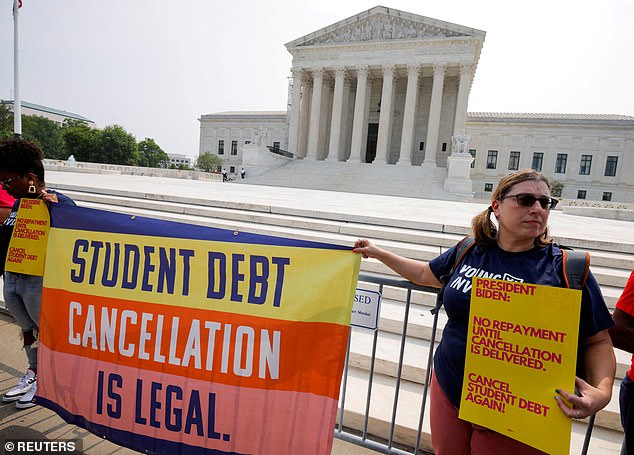 Protesters after the Supreme Court blocked President Biden's first plan to forgive billions in student loan debt on June 30, 2023