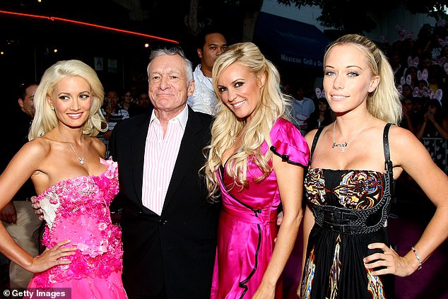 From left to right, Playmate Holly Madison, Publisher Hugh Hefner, Playmate Bridget Marquardt and Wilkinson arrive at the 2008 premiere of House Bunny in Westwood