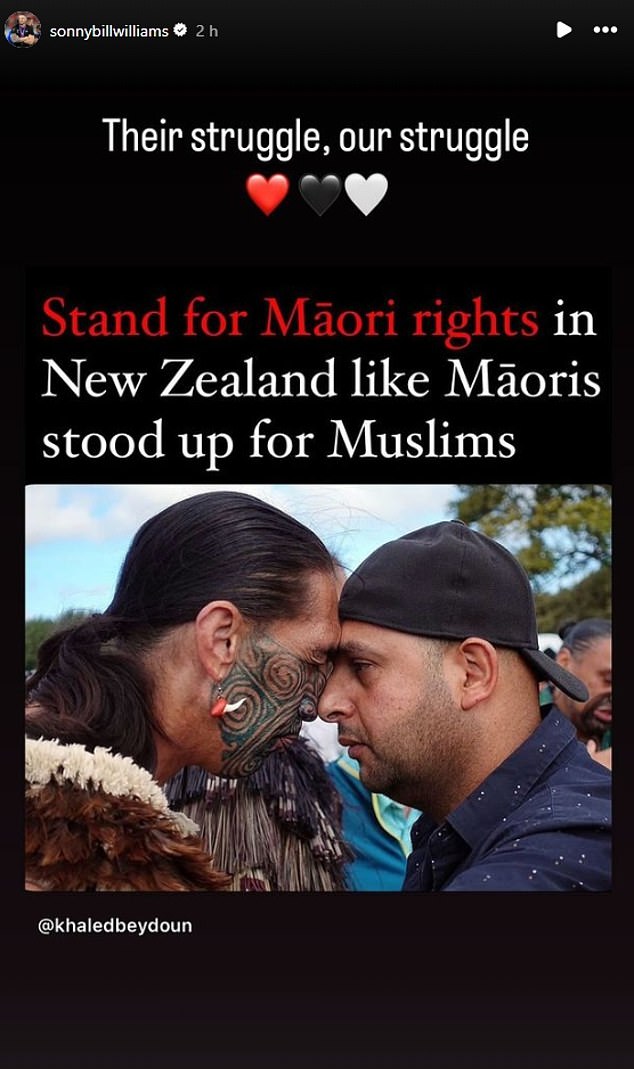 Williams re-shared a post from @Khaeledbeydoun on his Instagram Story, writing: 'Stand up for Maori rights in New Zealand like Maori stood up for Muslims'