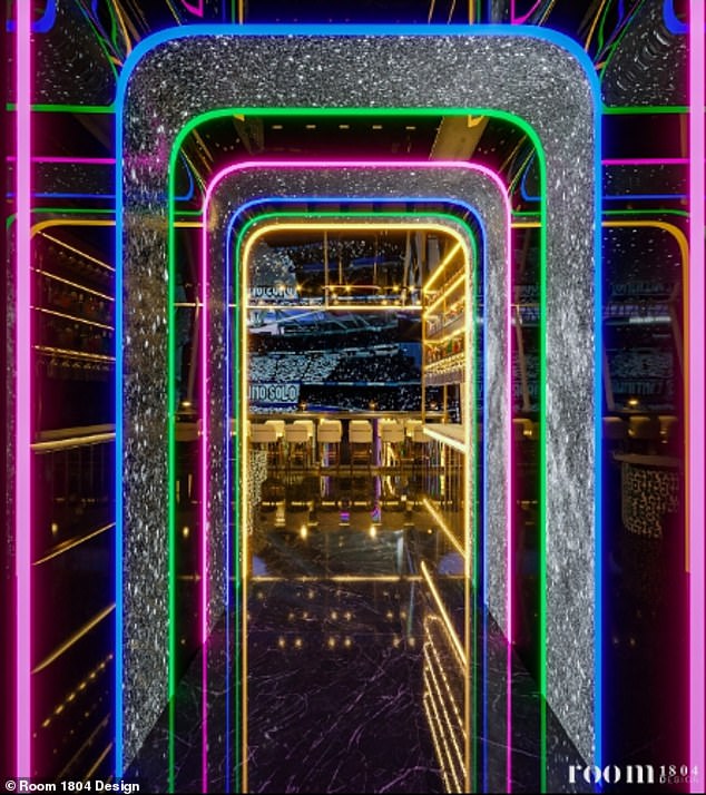 Access to the Skybar is via one of two neon-lined entrances designed to mimic the Spanish city's skyscrapers