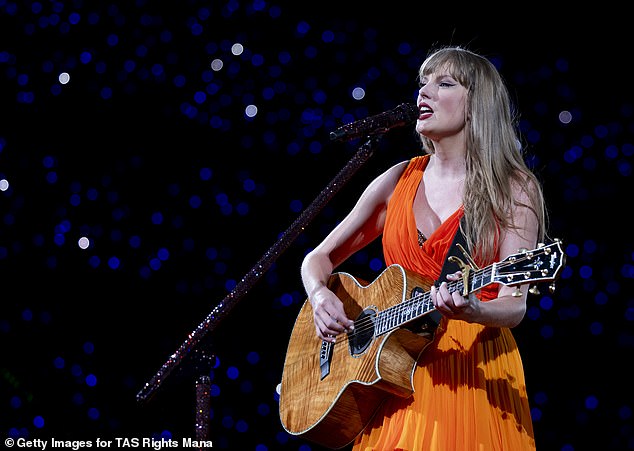 Taylor Swift performs during The Eras Tour at the Bernabéu Stadium in Madrid