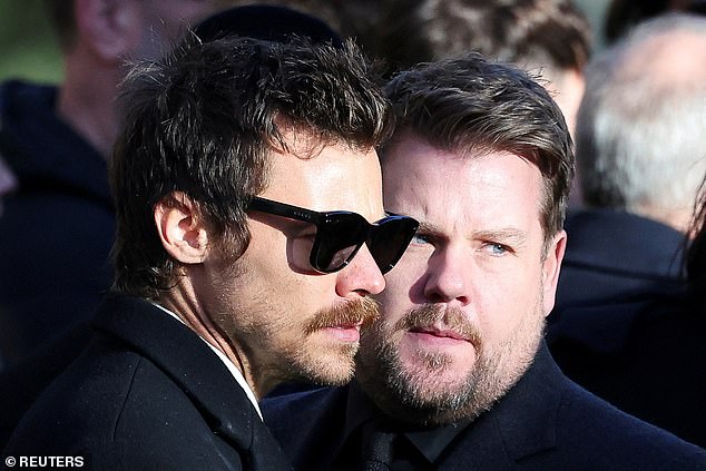 Styles and James Corden attended the service, which was attended by friends and family