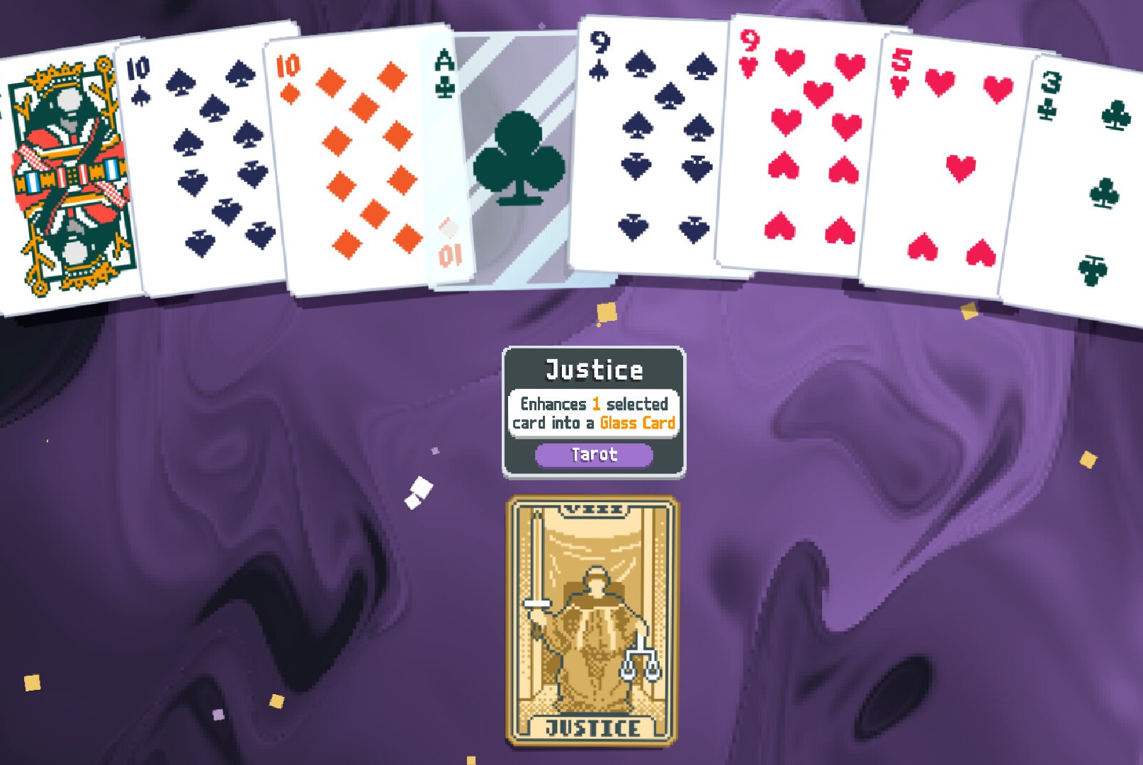 A screenshot of Balatro, where a hand of cards lay on a purple background.