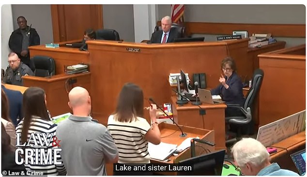 Allyson Phillips, seen from the speaking stand, asked Judge H. Patrick Haggard to bring the full weight of the law down on the killer, 26