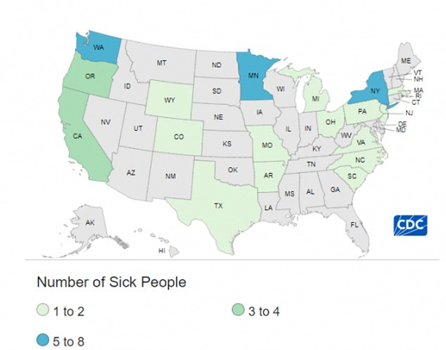 The map above shows where people have become ill from the E.coli-infested roots. New York, Washington and Minnesota are important hotspots