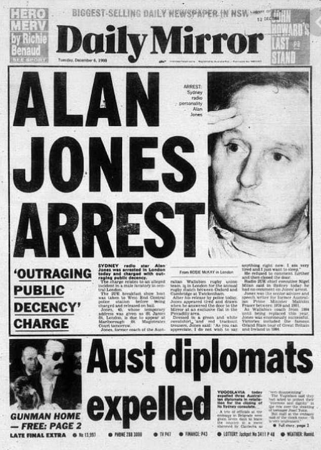 Chopper was referring to an episode from almost a decade earlier, in December 1988, when Jones was arrested in a public toilet near London's Picaddily Circus and later charged with outraging public decency (photo: Daily headline Mirror the next day)