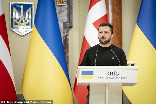 Ukrainian President Volodymyr Zelensky attends a joint press conference with the Prime Minister of Denmark at the Presidential Palace in Kiev on November 19