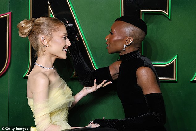 Posing alongside co-stars Cynthia Erivo and Jonathan Bailey, the star showed off slender shoulders and prominent collarbones, while her sternum was also visible. Pictured, at the London premiere last night