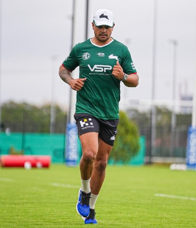 Latrell Mitchell showed off his impressive transformation during pre-season training for Souths on Wednesday (pictured)